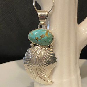 Genuine Royston Kingman Turquoise Sterling Silver Feather Pendant